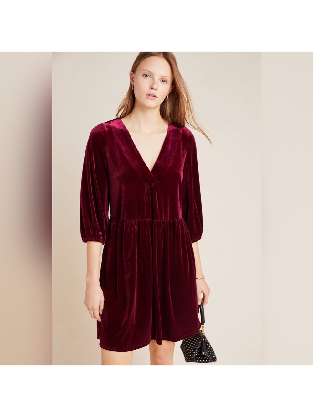Anthropologie Amadi Greta Burgundy Velvet Babydoll Dress Tunic